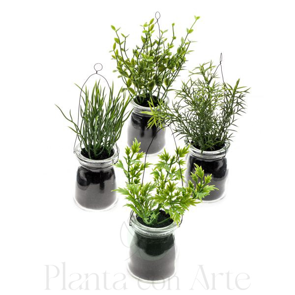Plantas de HIERBA en botella de vidrio- Vasos de cristal con 4 tipos de hierbas artificiales