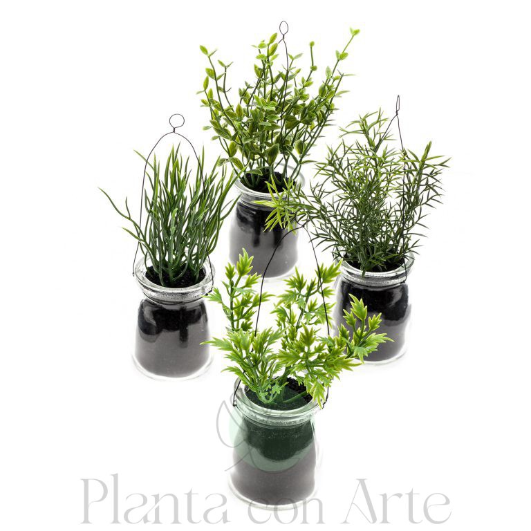 Plantas de HIERBA en botella de vidrio- Vasos de cristal con 4 tipos de hierbas artificiales