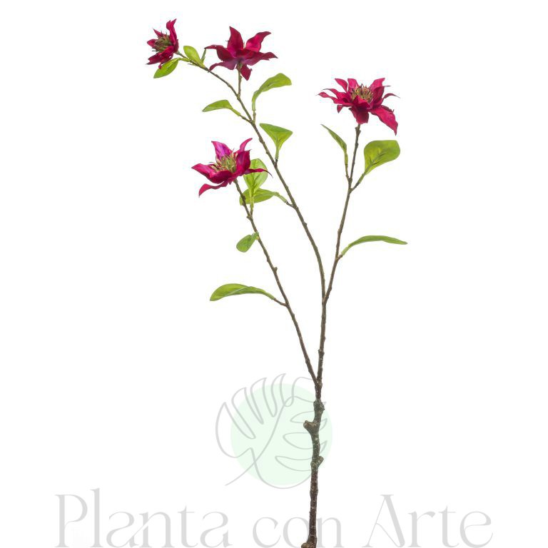 Rama CLEMATIS Fucsia artificial realista, con 4 flores y 75 cm de altura total