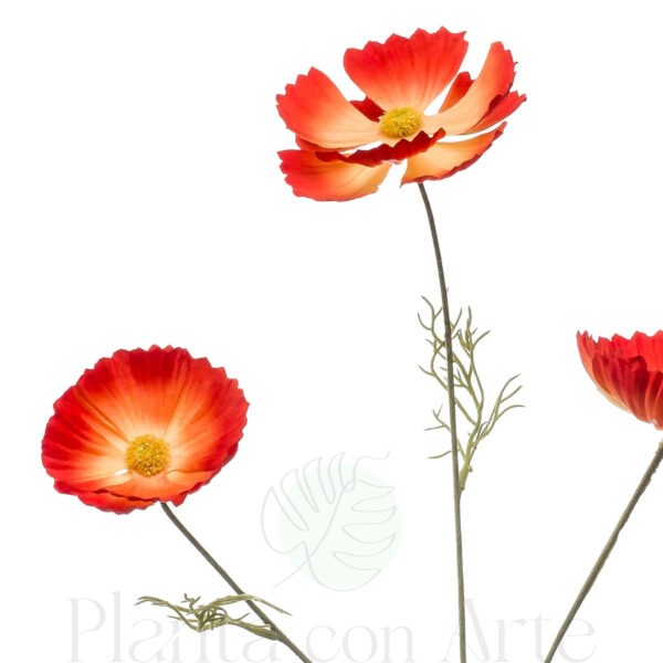 Detalle de las flores de la Rama COSMOS NARANJA artificial realista, con 3 flores y 80 cm de altura total, para decorar tus bouquets o jardineras