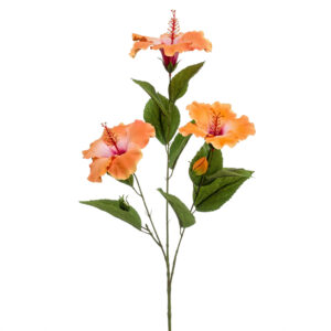 Tallo de HIBISCUS NARANJA x3 artificial realista de 92 cm de altura total muy realista, para decorar tus bouquets o jardineras. FLOR DE JAMAICA artificial NARANJA