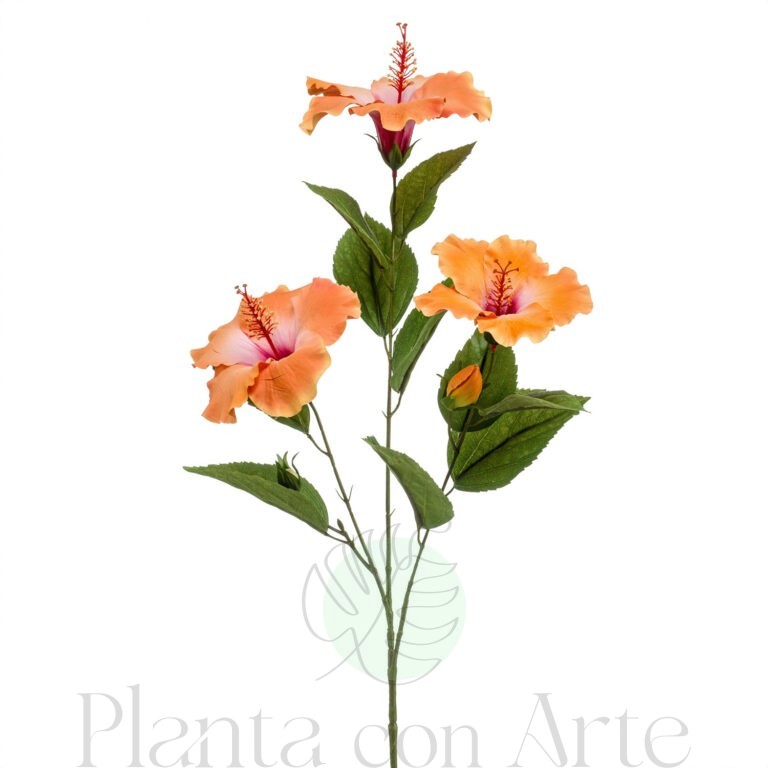 Tallo de HIBISCUS NARANJA x3 artificial realista de 92 cm de altura total muy realista, para decorar tus bouquets o jardineras. FLOR DE JAMAICA artificial NARANJA